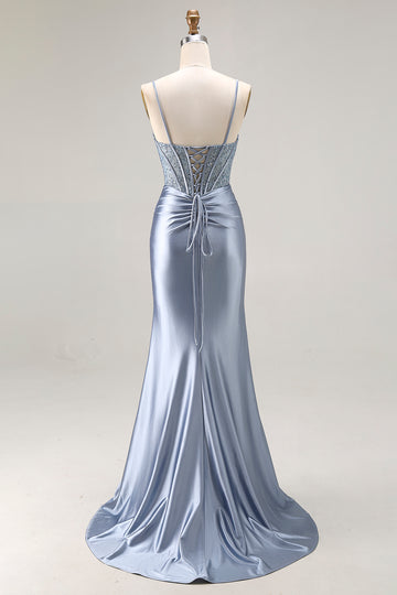 Grey Blue Corset Satin Mermaid Prom Dress